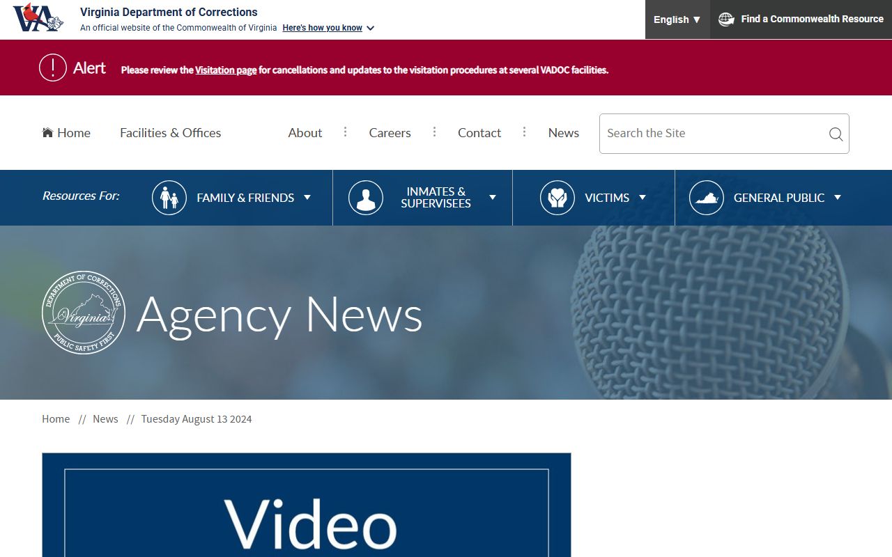 VADOC video visitation expansion notice for Lunenburg Correctional Center